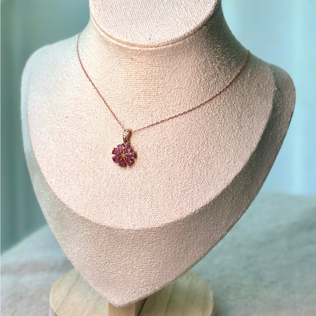 Petite Pink Sapphire Flower Pendant 18k Rose Gold S925 Sterling Silver
